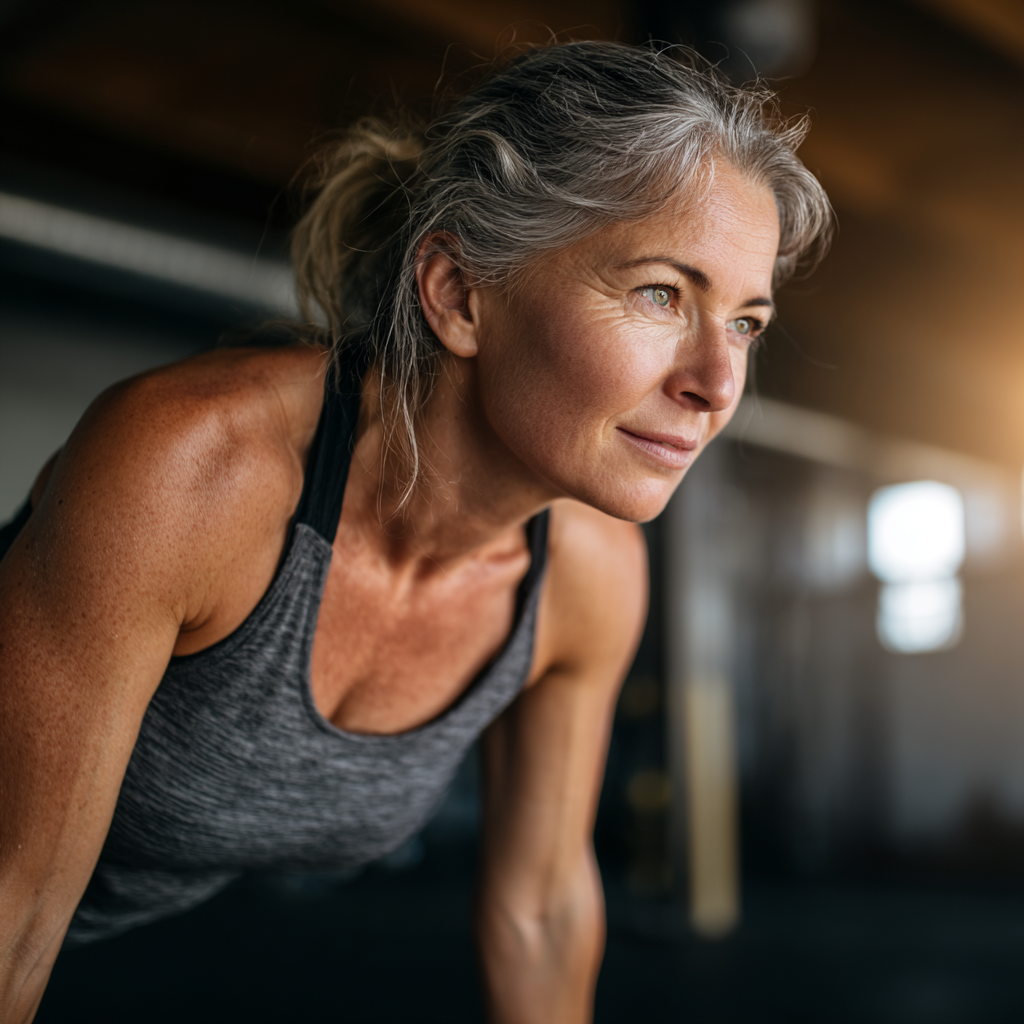 middle-aged woman exercising with confidence and strength